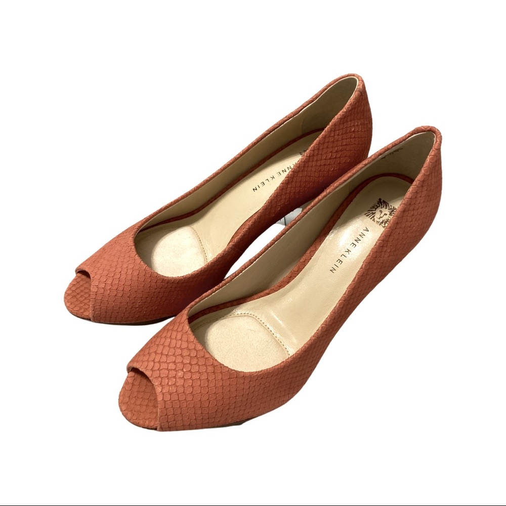 New Anne Klein Coral Color Peep Toe Snake Print Leather Platform Heels.